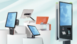 Various stationary and freestanding touchscreen terminals for retail, displayed on white pedestals, featuring card readers, printers, and scanning functions.